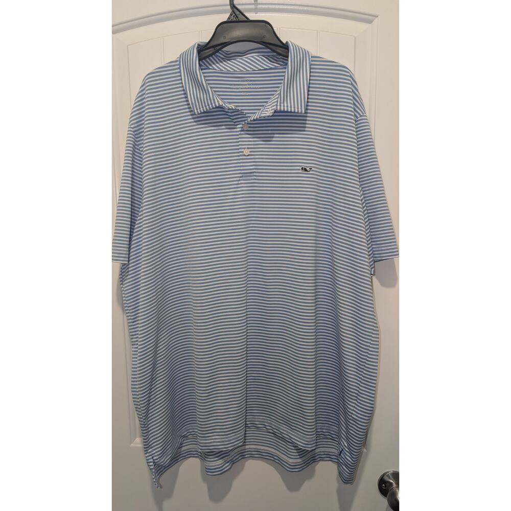 Vineyard Vines Men's Blue White Striped Polo Shirt Whale Logo 2XL
